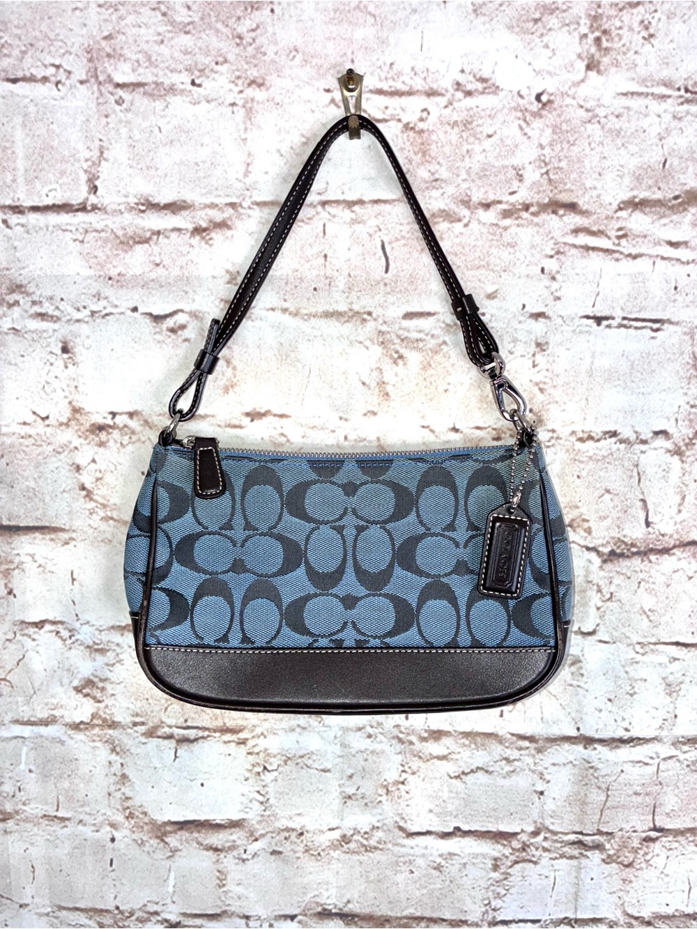 Y2K-era Vintage Coach Signature Demi Baguette in Cadet Blue & Brown Style #6094